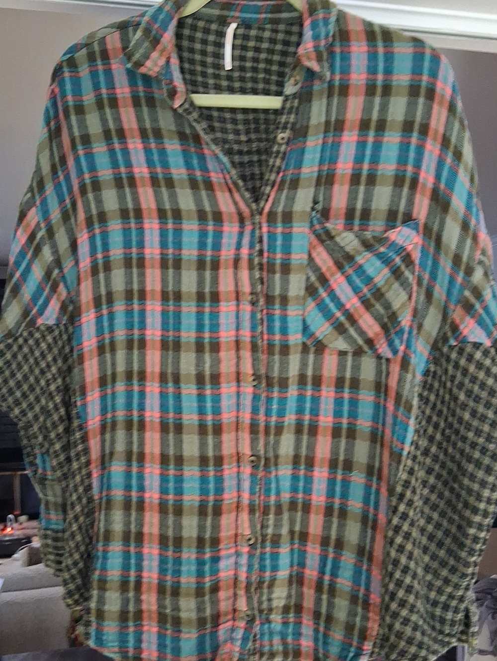 Free People Plaid Button-Down Shirt in Coral, Teal, and Olive